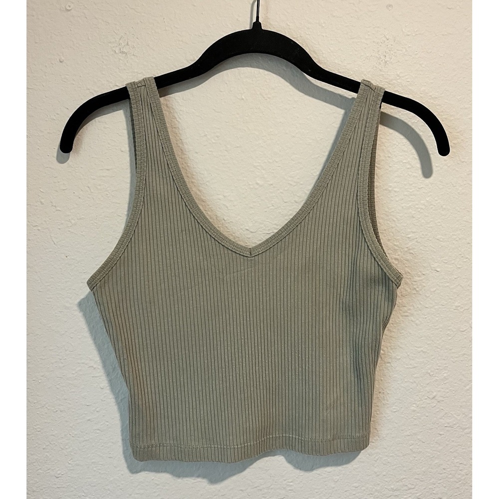 MATE The Label Women's Tank Size Small Cropped Sage Green Ribbed V-Neck Stretchy